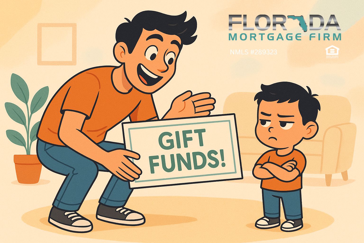 Young adult showing a large check labeled Gift Funds to unimpressed child version of himself, illustrating mortgage gift funds concept.