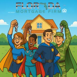 Illustration of four smiling people dressed as everyday superheroes— a teacher, a healthcare worker, a police officer, and a soldier— each holding a house key in front of a home. Above them, the text reads “Florida Mortgage Firm” with a map of Florida incorporated into the logo. The background features a bright blue sky and a house with a yard, symbolizing homeownership support for community heroes.