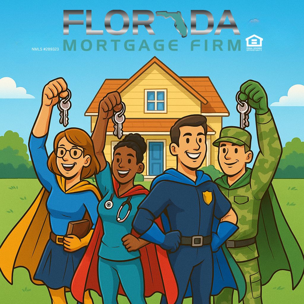 Illustration of four smiling people dressed as everyday superheroes— a teacher, a healthcare worker, a police officer, and a soldier— each holding a house key in front of a home. Above them, the text reads “Florida Mortgage Firm” with a map of Florida incorporated into the logo. The background features a bright blue sky and a house with a yard, symbolizing homeownership support for community heroes.