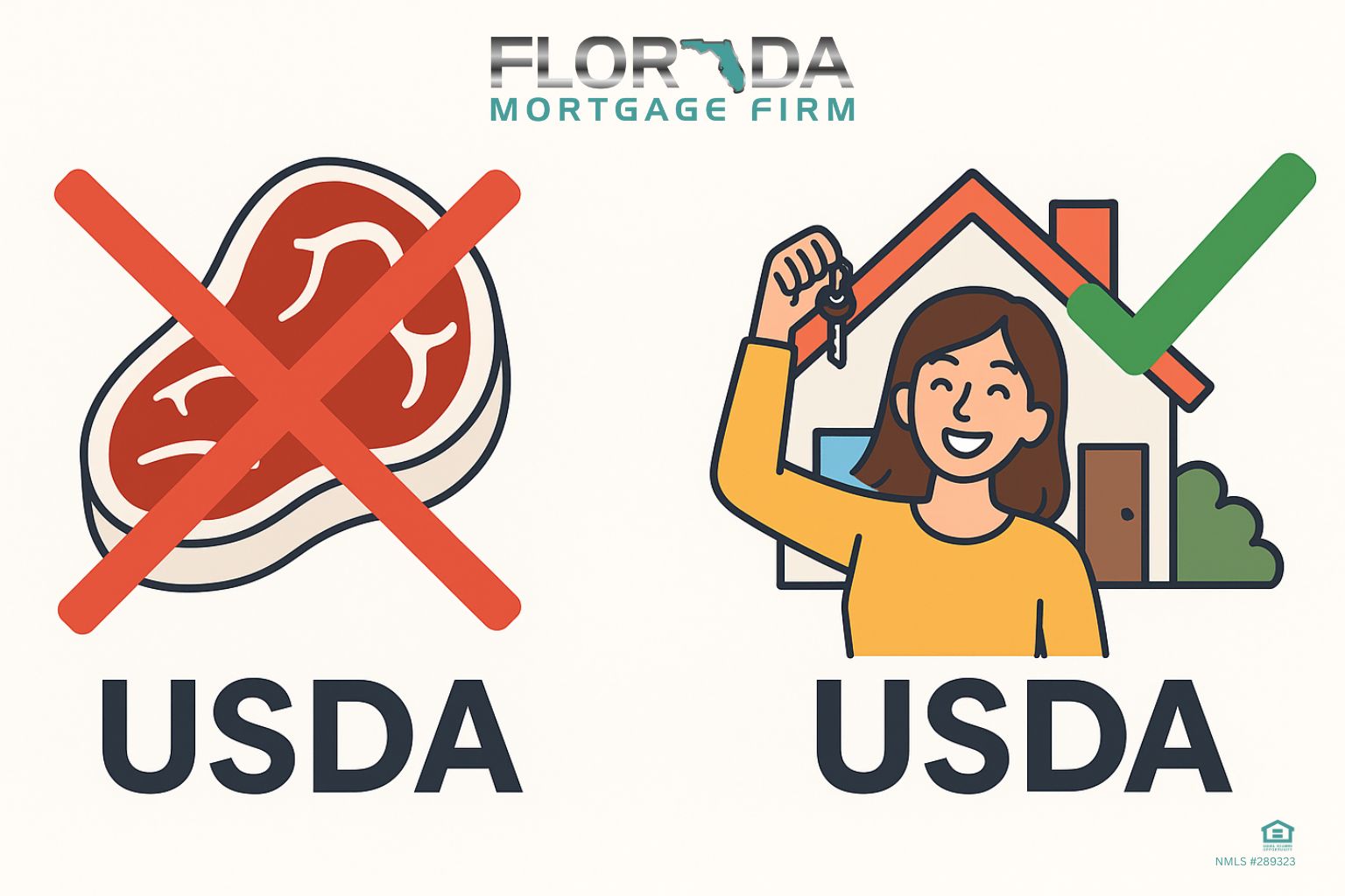 USDA home loan Florida concept illustration showing crossed-out steak representing USDA meat and a happy homeowner with keys representing USDA home loan approval.