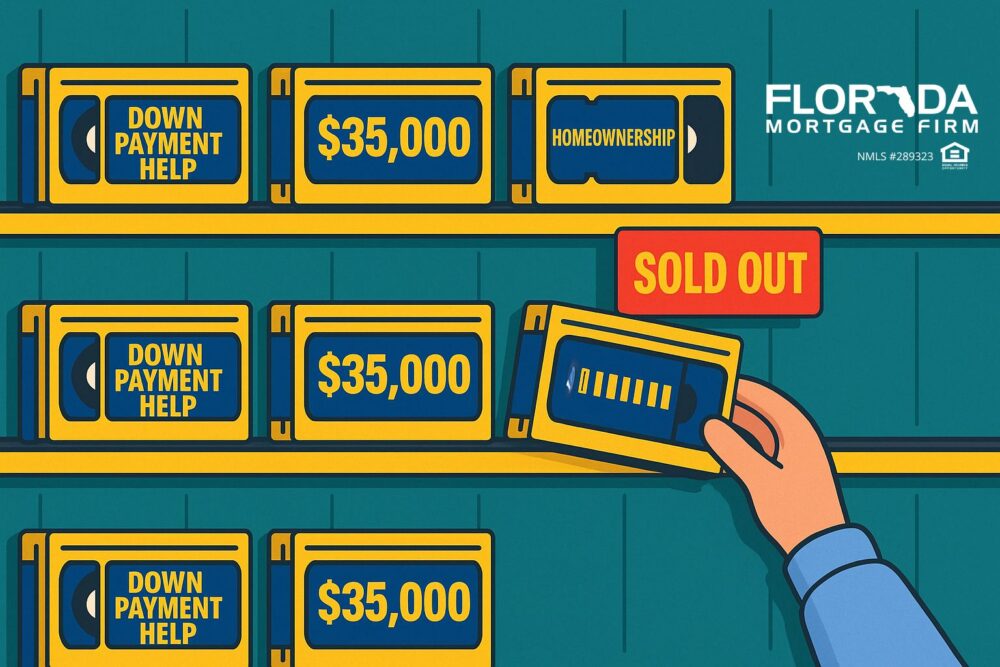 A retro video rental store shelf displays brightly colored VHS tapes labeled “DOWN PAYMENT HELP,” “$35,000,” and “HOMEOWNERSHIP.” A cartoon hand reaches for the final tape, but a bold red sign appears reading “SOLD OUT,” signaling that the opportunity is gone.