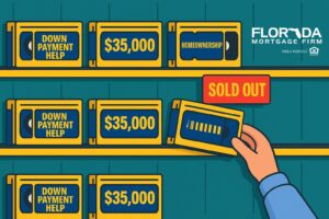 A retro video rental store shelf displays brightly colored VHS tapes labeled “DOWN PAYMENT HELP,” “$35,000,” and “HOMEOWNERSHIP.” A cartoon hand reaches for the final tape, but a bold red sign appears reading “SOLD OUT,” signaling that the opportunity is gone.