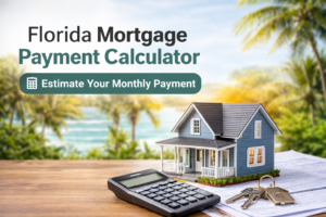 Florida mortgage payment calculator showing a house model, calculator, and keys used to estimate monthly payments