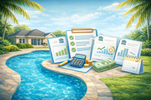Florida home backyard with pool and palm trees alongside financing paperwork and calculator, representing pool loan and home equity financing options.