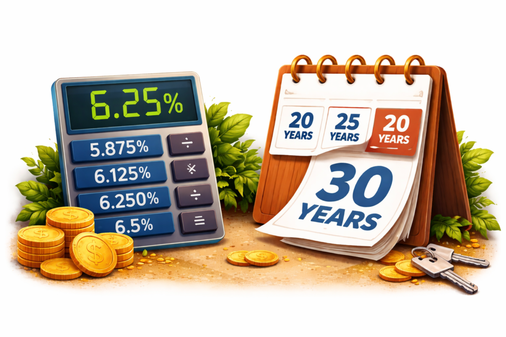 Illustration of mortgage rate calculator and loan term calendar representing custom mortgage rates and flexible loan terms