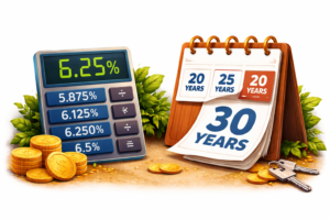 Illustration of mortgage rate calculator and loan term calendar representing custom mortgage rates and flexible loan terms