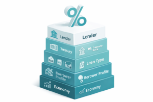 Illustration showing what drives mortgage rates in 2026 including economy, 10-year Treasury, loan type, borrower profile, and lender.