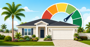 Illustration of a Florida home with a credit score gauge showing how credit can impact mortgage options for homebuyers.