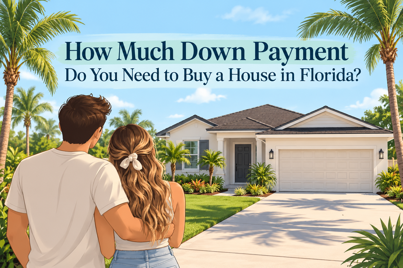 Illustrated Florida homebuyers looking at a house with the title “How Much Down Payment Do You Need to Buy a House in Florida?”